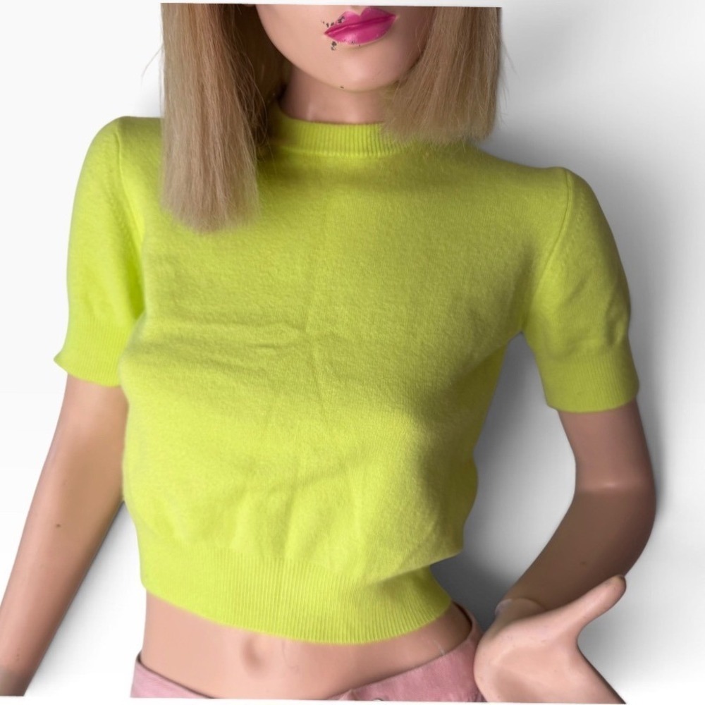 French Connection Short Sleeve Crop Sweater Neon Lime Green Y2K Brat Dopamine S